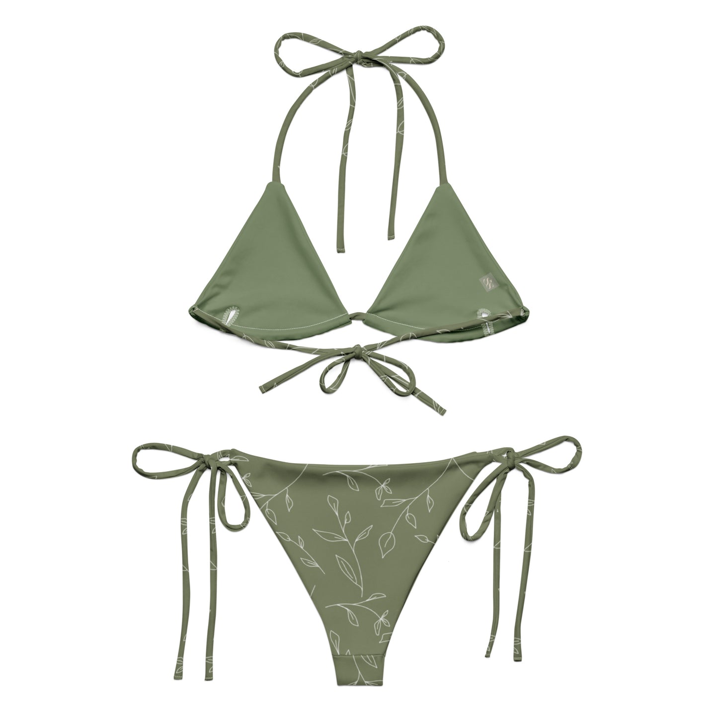 Close-up of the Olive & Ivory Bikini Top with a flattering square neckline, delicate adjustable ivory straps, and a secure clasp closure.