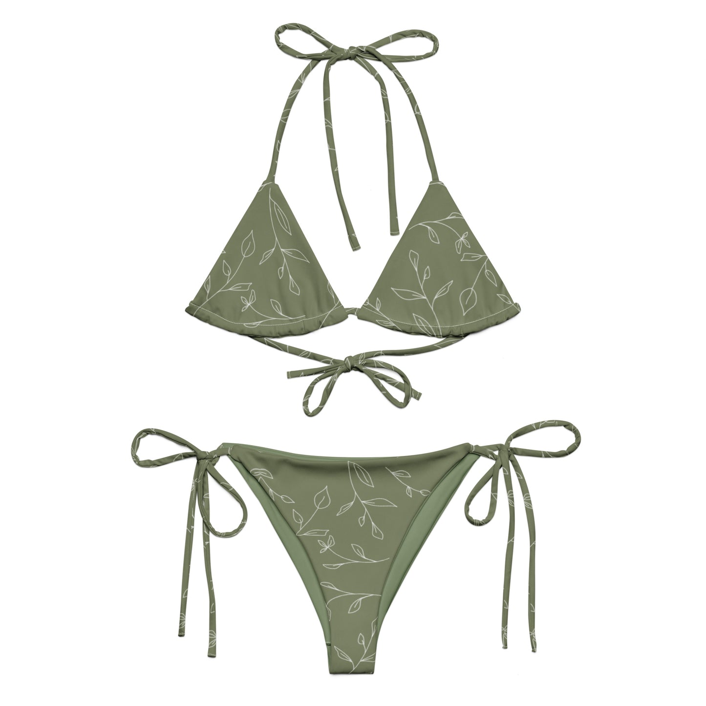 A woman modeling the luxurious Olive & Ivory Bikini Set, featuring high-waisted bottoms for full coverage and a supportive square neck top.