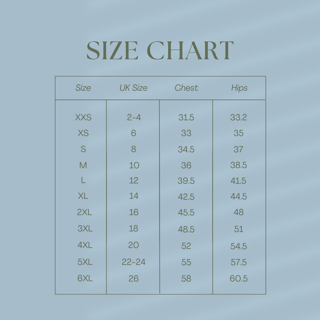 A size chart for the Olive & Ivory Bikini Set, allowing customers to easily find their perfect fit.