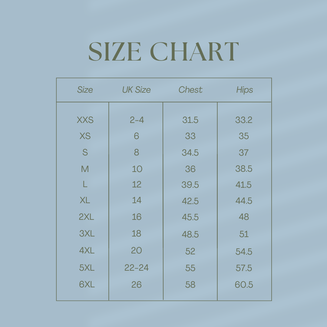 A size chart for the Olive & Ivory Bikini Set, allowing customers to easily find their perfect fit.