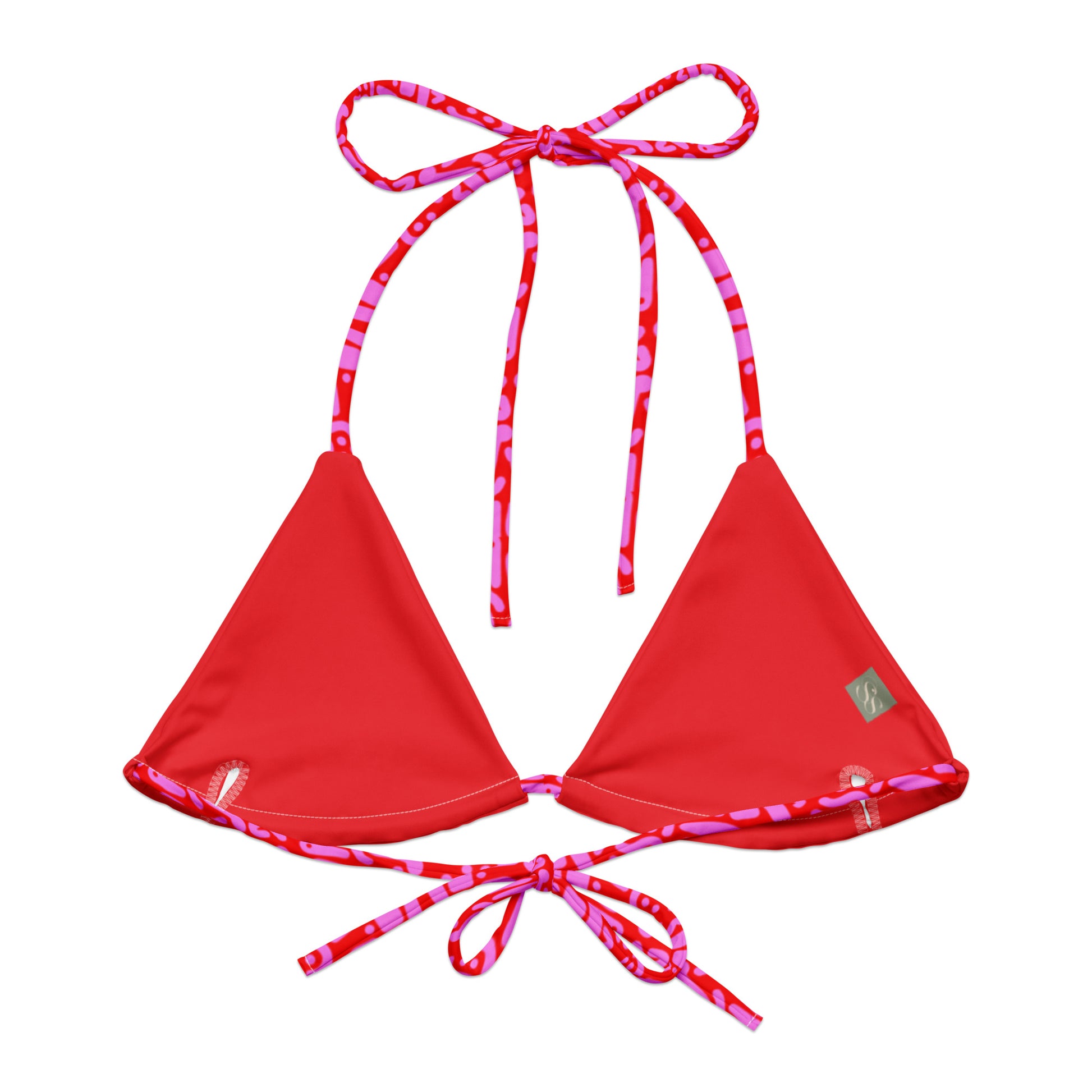 Sustainable Ruby Reef Bikini Set top in red and pink geometric pattern made with recycled plastic. Available in a range of sizes from 2XS to 6XL. Long lasting bikini, multiple ways to wear and buttery soft fabric. Made to order, just for you