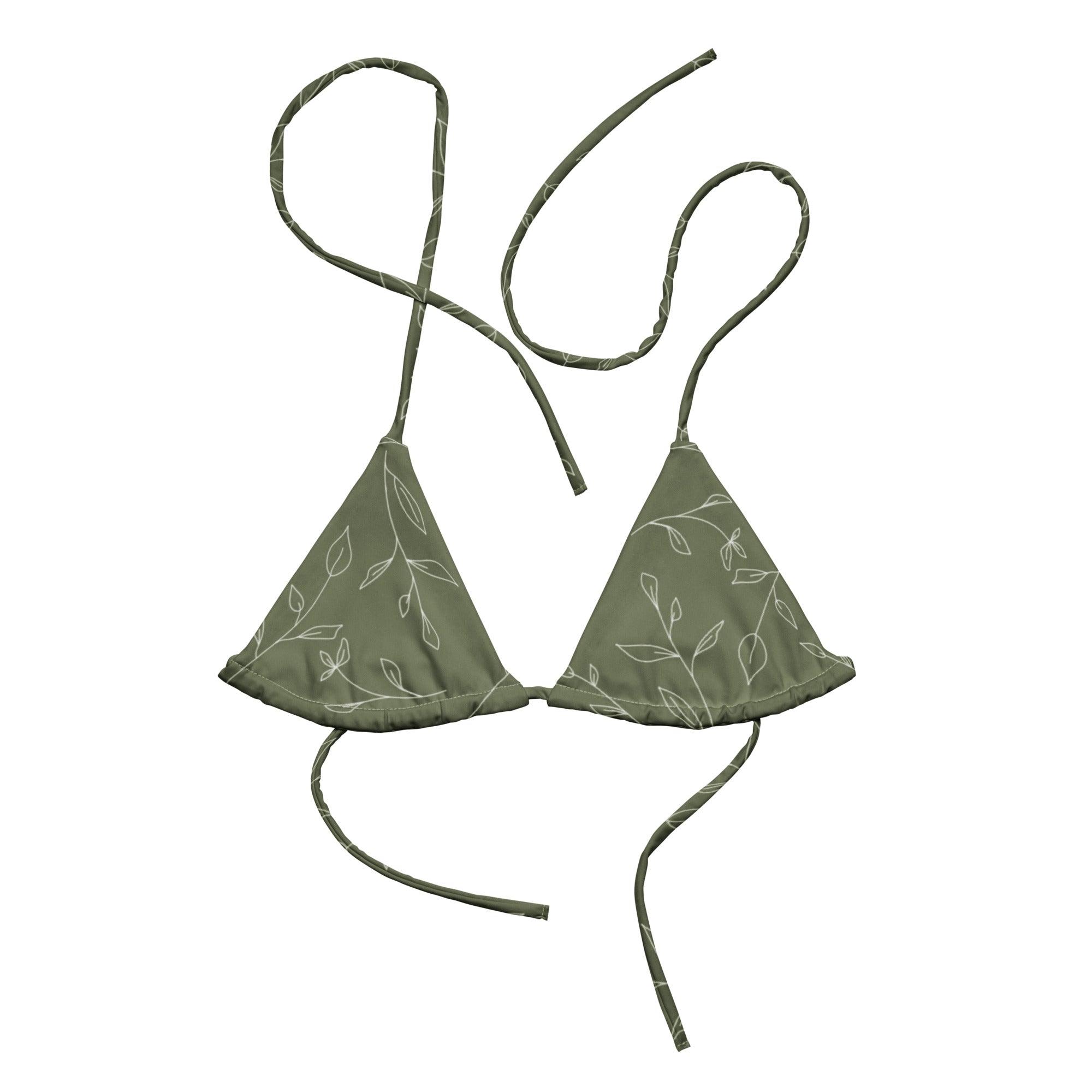 Close-up of the Olive & Ivory Bikini Top with a flattering square neckline, delicate adjustable ivory straps, and a secure clasp closure