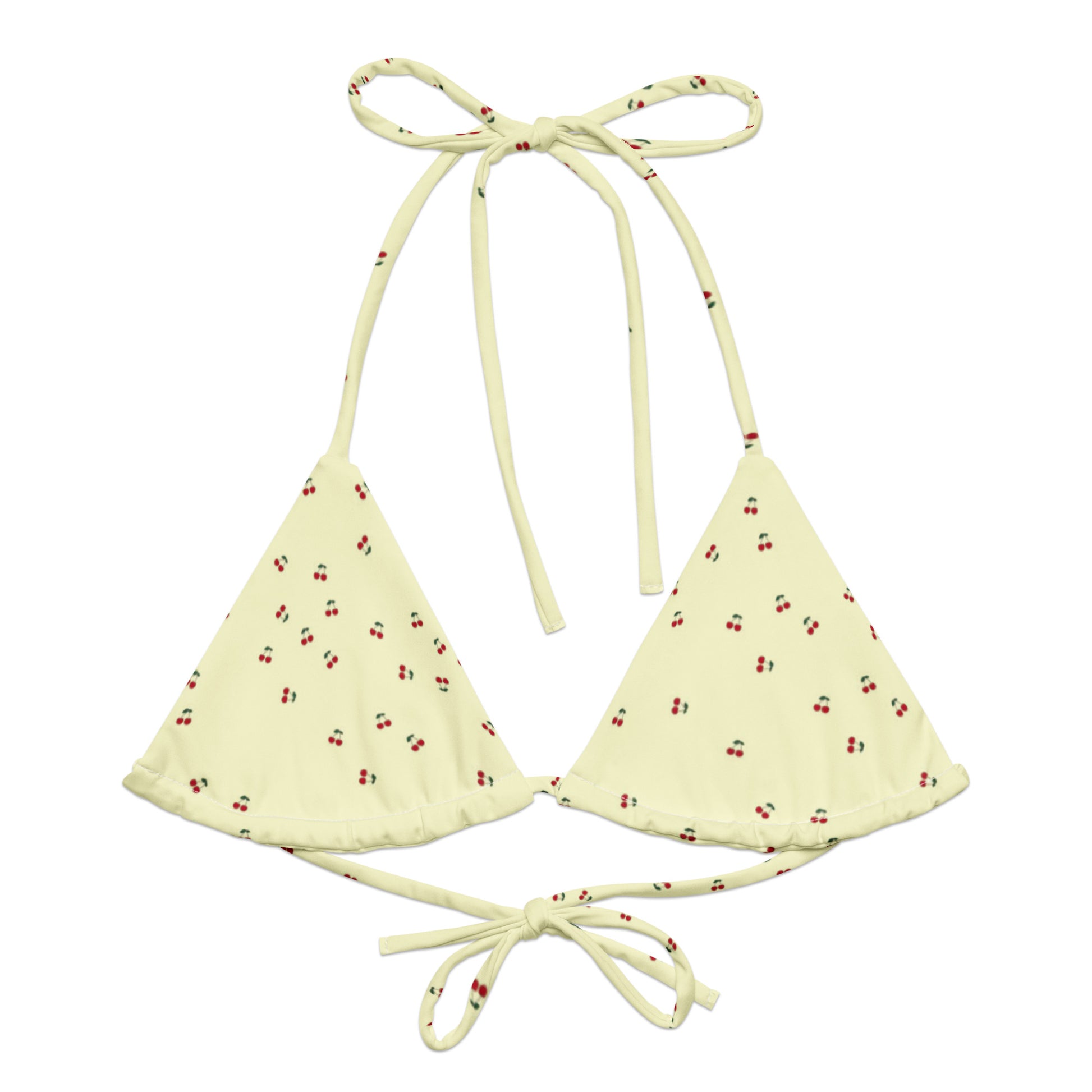 A yellow bikini top made from recycled plastic, perfect for summer swimming. The top has adjustable straps and removable padding, offering a comfortable and flattering fit. It comes in a wide range of sizes, from XS to 6XL, to suit all body types. This ec