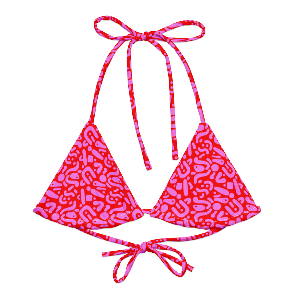 Sustainable Ruby Reef Bikini Set top in red and pink geometric pattern made with recycled plastic. Available in a range of sizes from 2XS to 6XL. Long lasting bikini, multiple ways to wear and buttery soft fabric. Made to order, just for you