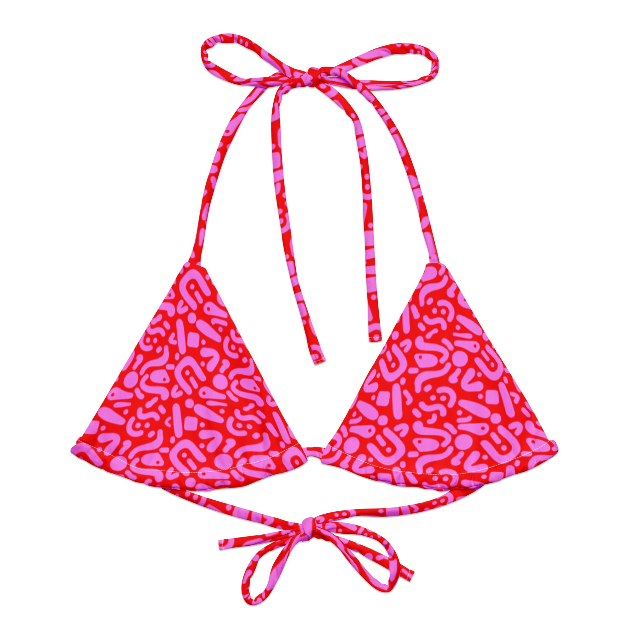 Sustainable Ruby Reef Bikini Set top in red and pink geometric pattern made with recycled plastic. Available in a range of sizes from 2XS to 6XL. Long lasting bikini, multiple ways to wear and buttery soft fabric. Made to order, just for you