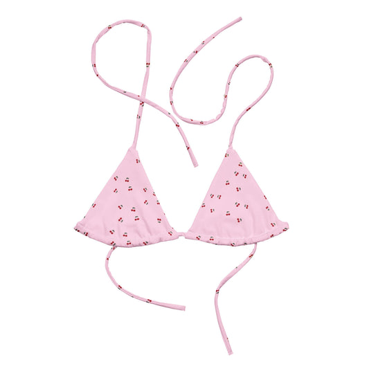 Pink Cherry Orchard bikini top with retro patterns, sustainably handmade for ecofriendly beach fashion lovers #sustainablebikini #slowfashion