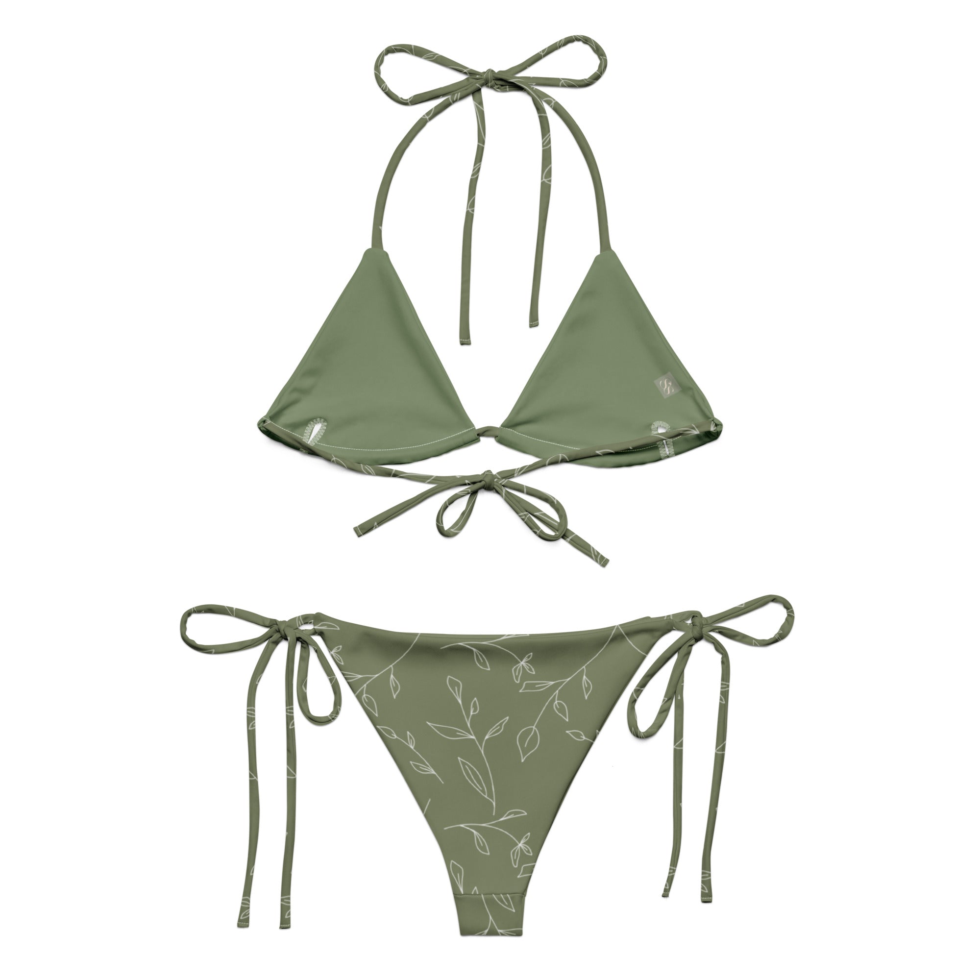 Close-up of the Olive & Ivory Bikini Top with a flattering square neckline, delicate adjustable ivory straps, and a secure clasp closure.