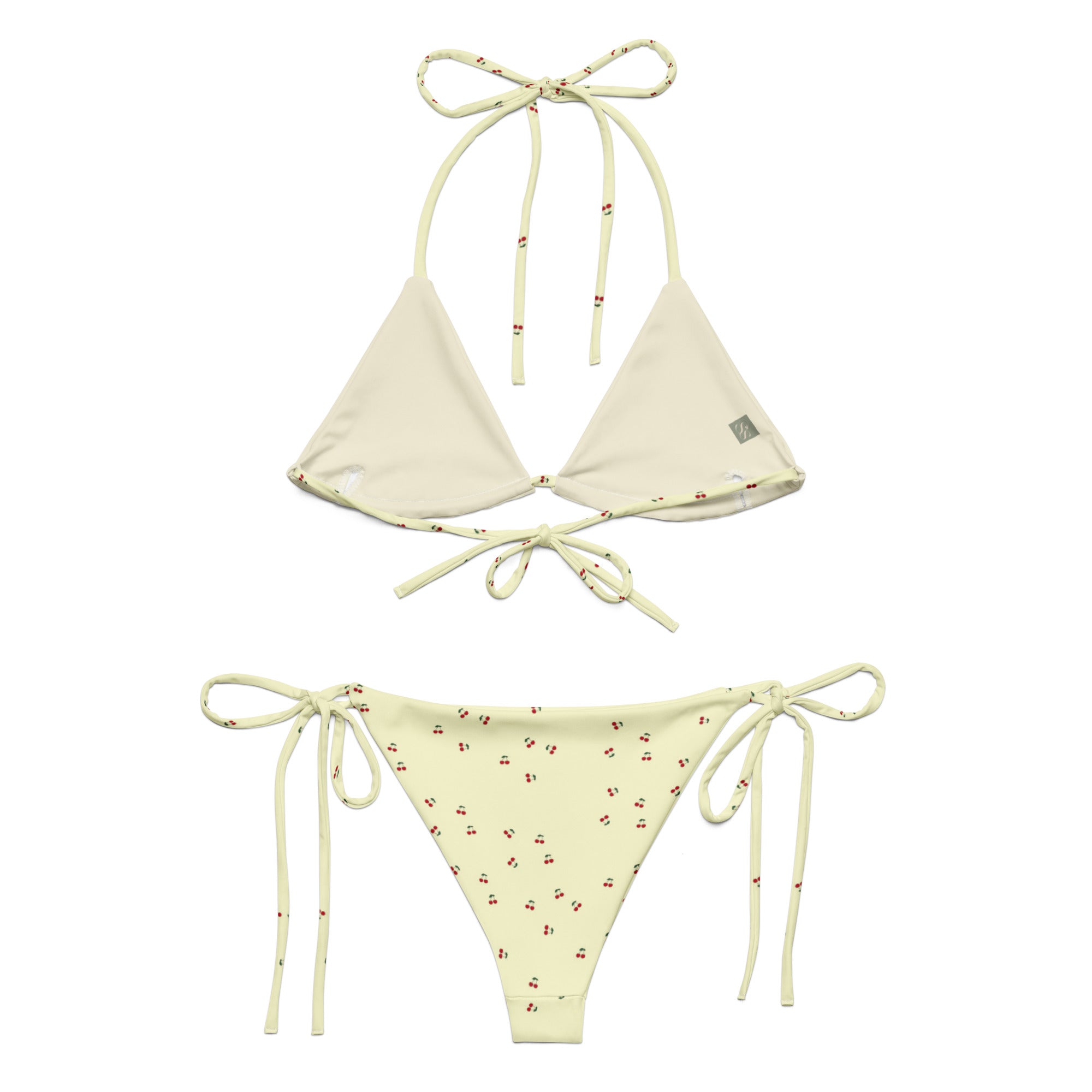 A yellow bikini set called the Cherry Orchard Bikini Set, made from high-quality, soft, and stretchy material with UPF 50+ sun protection. This eco-friendly bikini set is perfect for swimming, sunbathing, or poolside lounging. It comes in a wide range of