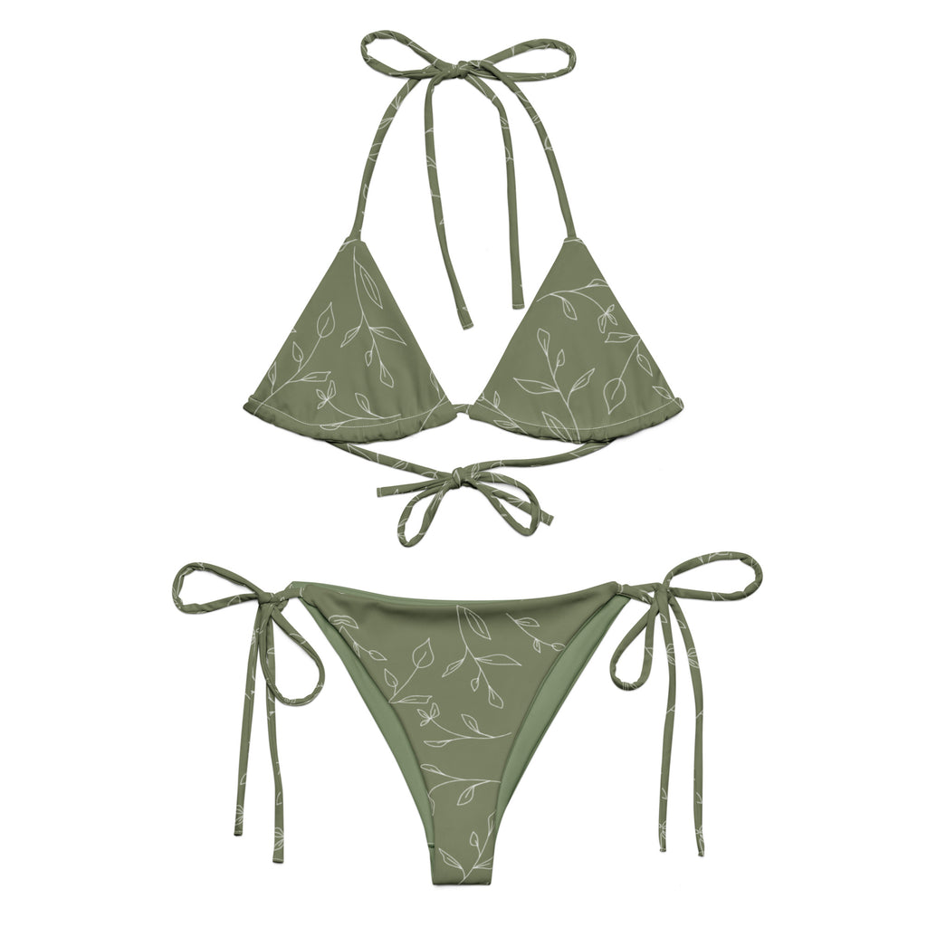 A woman modeling the luxurious Olive & Ivory Bikini Set, featuring high-waisted bottoms for full coverage and a supportive square neck top.