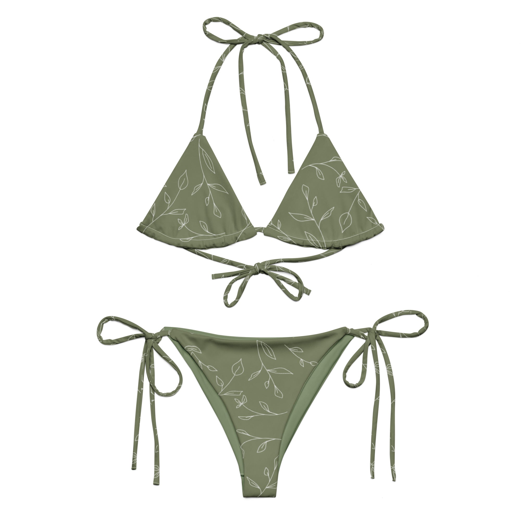 A woman modeling the luxurious Olive & Ivory Bikini Set, featuring high-waisted bottoms for full coverage and a supportive square neck top.