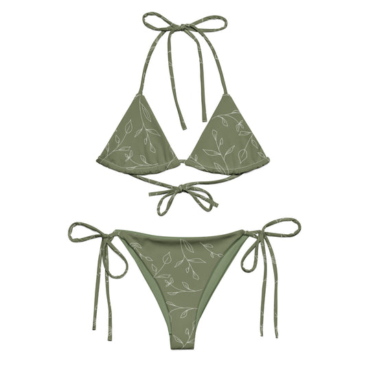 A woman modeling the luxurious Olive & Ivory Bikini Set, featuring high-waisted bottoms for full coverage and a supportive square neck top.